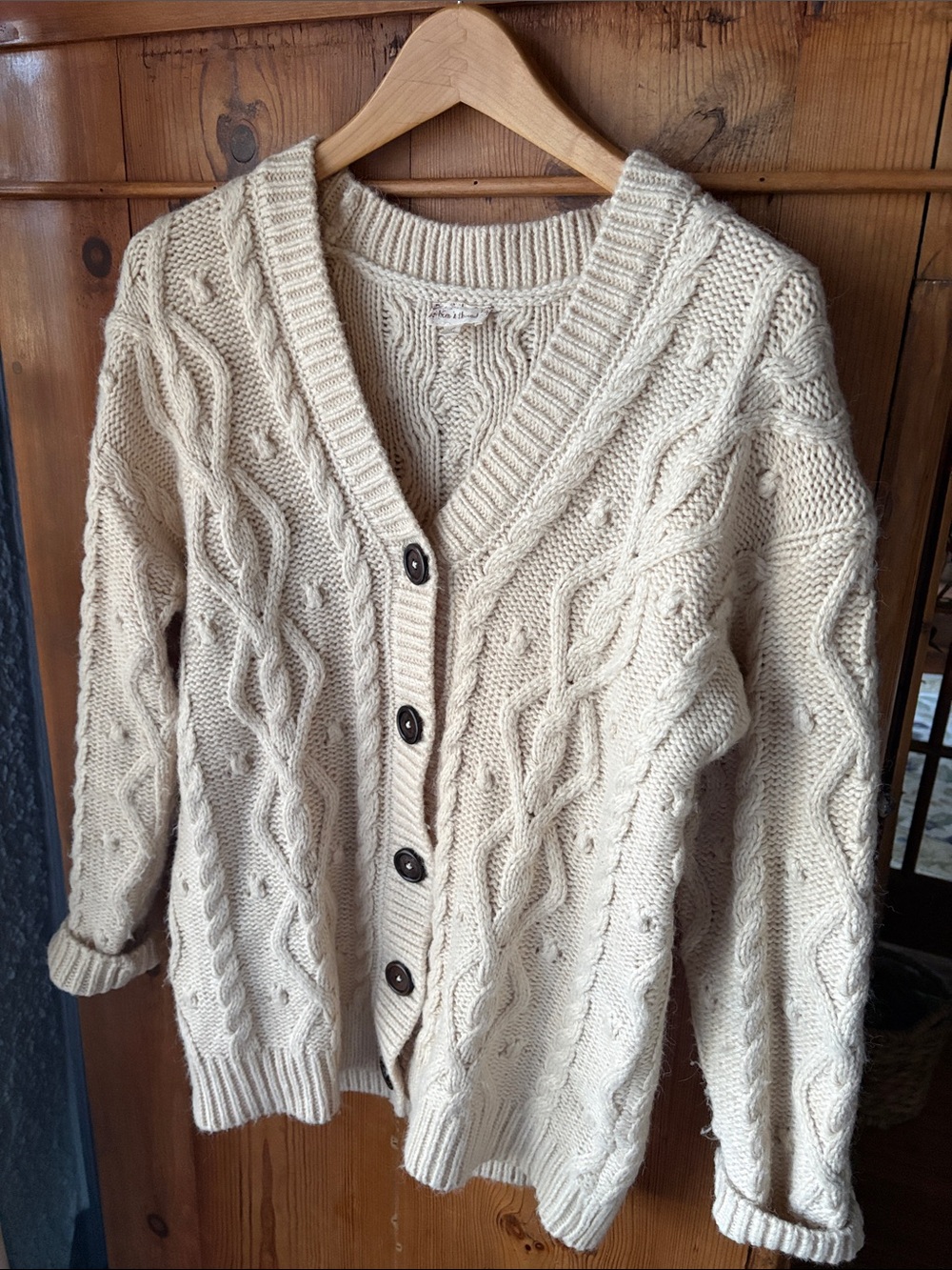 Hem & Thread Cream Cable-Knit Button Cardigan